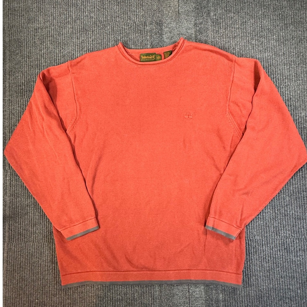 90s Timberland Weathergear Mens XL Orange Cotton Knit Crewneck Sweater Grey Trim